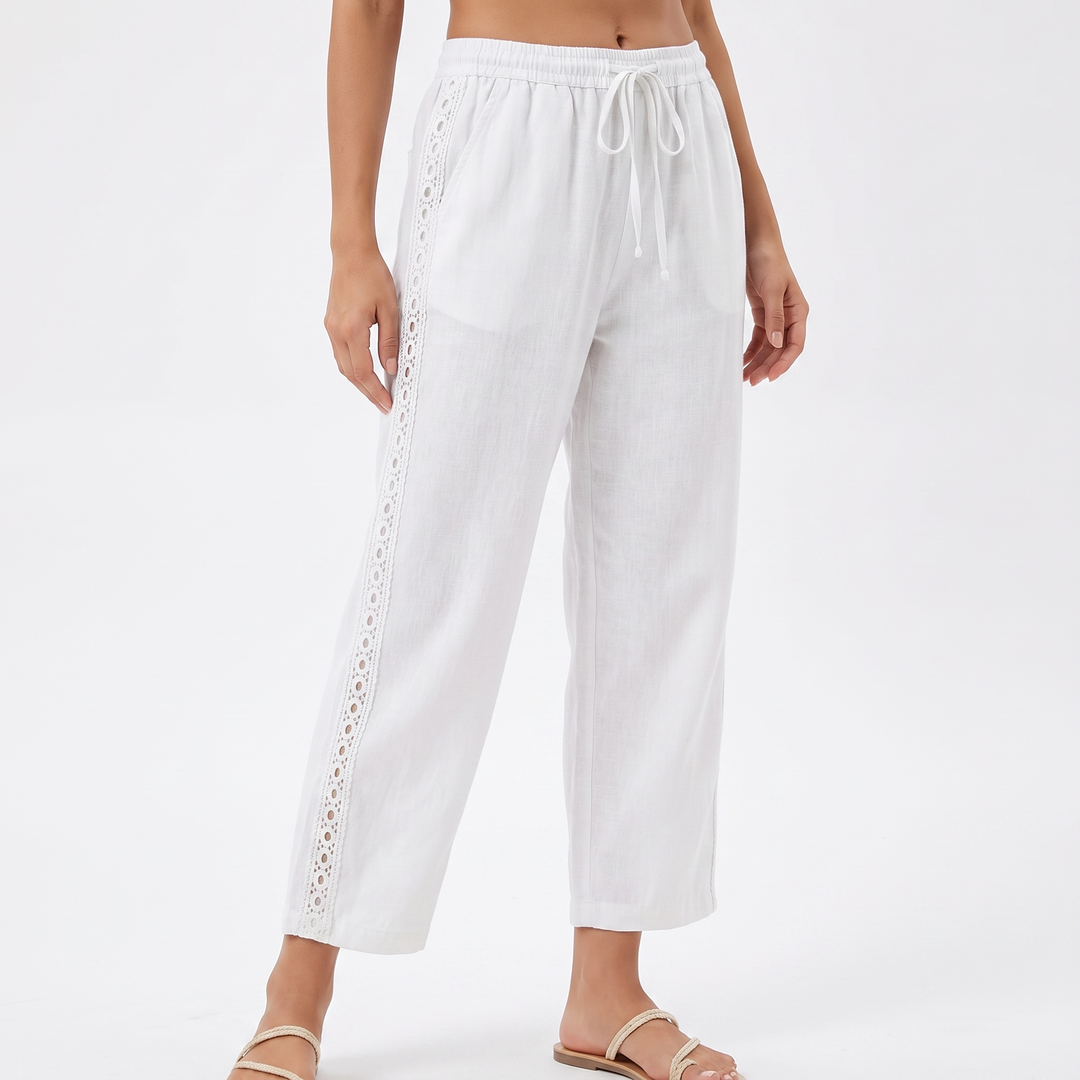 Women's Cotton Linen Cropped Pants Lace-Up Side Elastic Waist