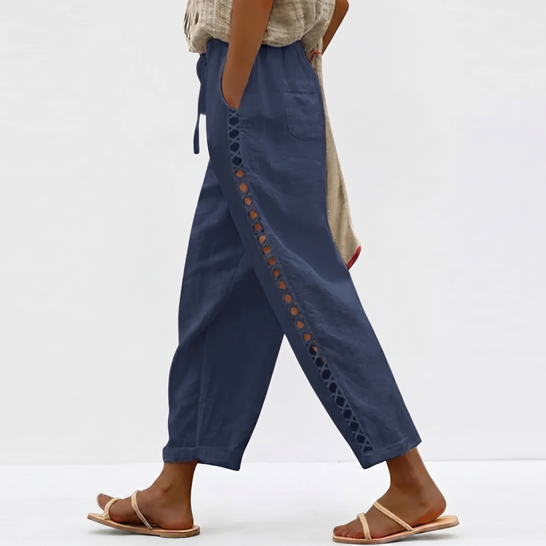 Women's Cotton Linen Cropped Pants Lace-Up Side Elastic Waist