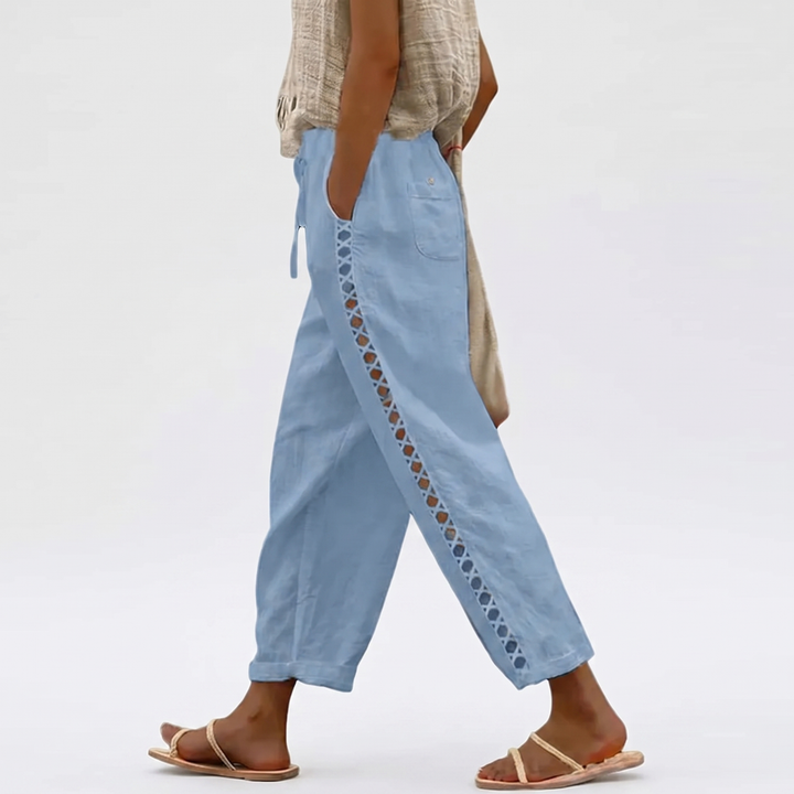 Women's Cotton Linen Cropped Pants Lace-Up Side Elastic Waist
