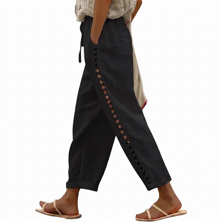 Women's Cotton Linen Cropped Pants Lace-Up Side Elastic Waist