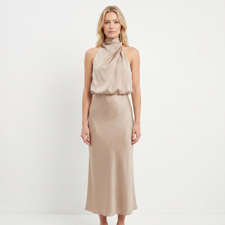 Women's Satin Slip Dress Halter Neck Draped Bodice Bias Cut Midi