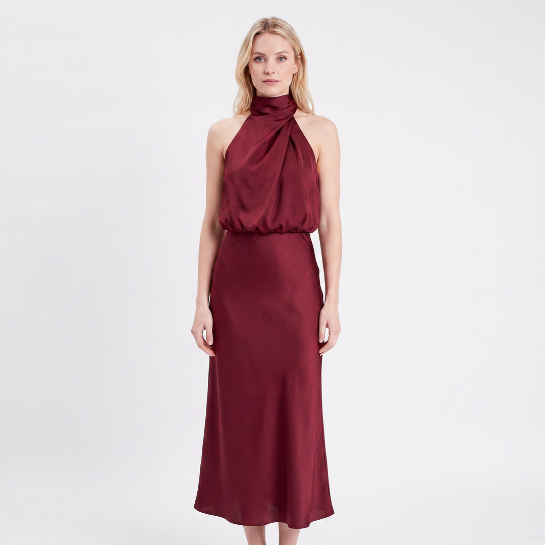 Women's Satin Slip Dress Halter Neck Draped Bodice Bias Cut Midi