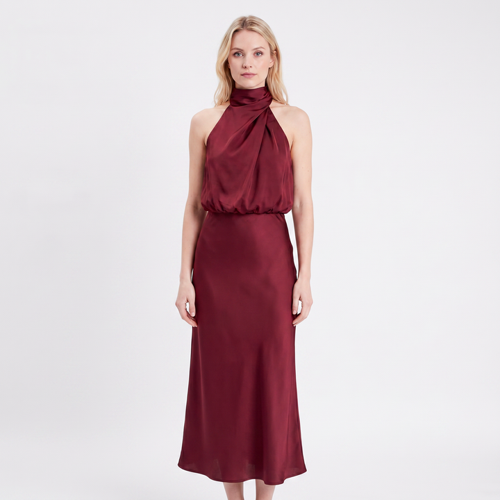 Women's Satin Slip Dress Halter Neck Draped Bodice Bias Cut Midi