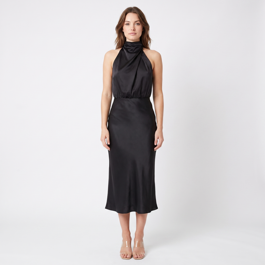 Women's Satin Slip Dress Halter Neck Draped Bodice Bias Cut Midi