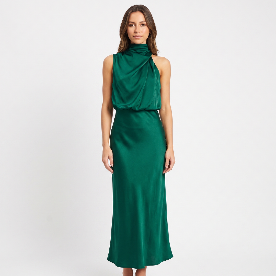 Women's Satin Slip Dress Halter Neck Draped Bodice Bias Cut Midi