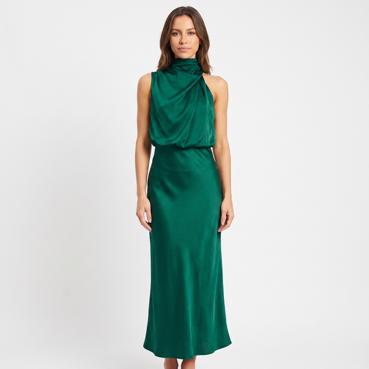 Women's Satin Slip Dress Halter Neck Draped Bodice Bias Cut Midi