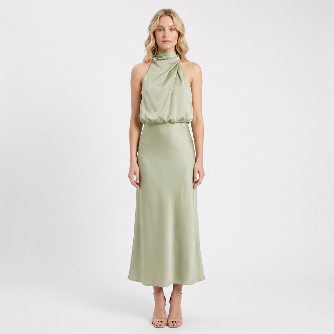 Women's Satin Slip Dress Halter Neck Draped Bodice Bias Cut Midi
