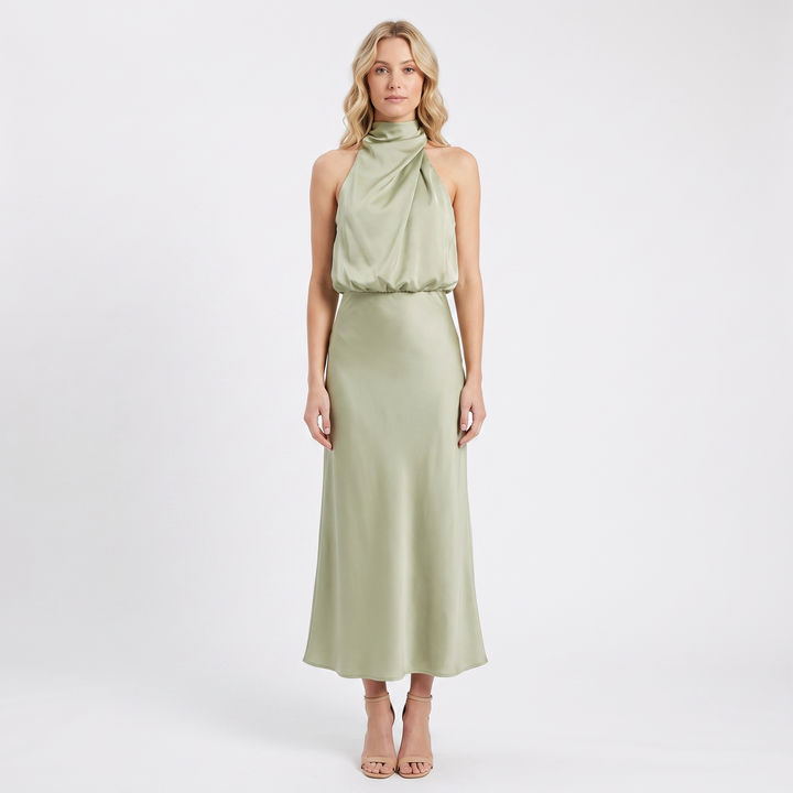 Women's Satin Slip Dress Halter Neck Draped Bodice Bias Cut Midi