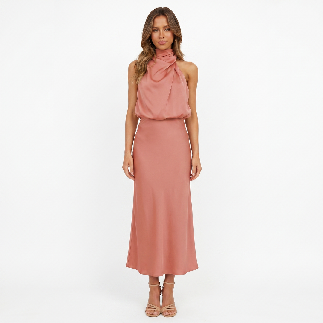 Women's Satin Slip Dress Halter Neck Draped Bodice Bias Cut Midi