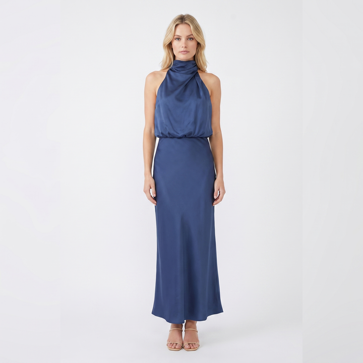 Women's Satin Slip Dress Halter Neck Draped Bodice Bias Cut Midi
