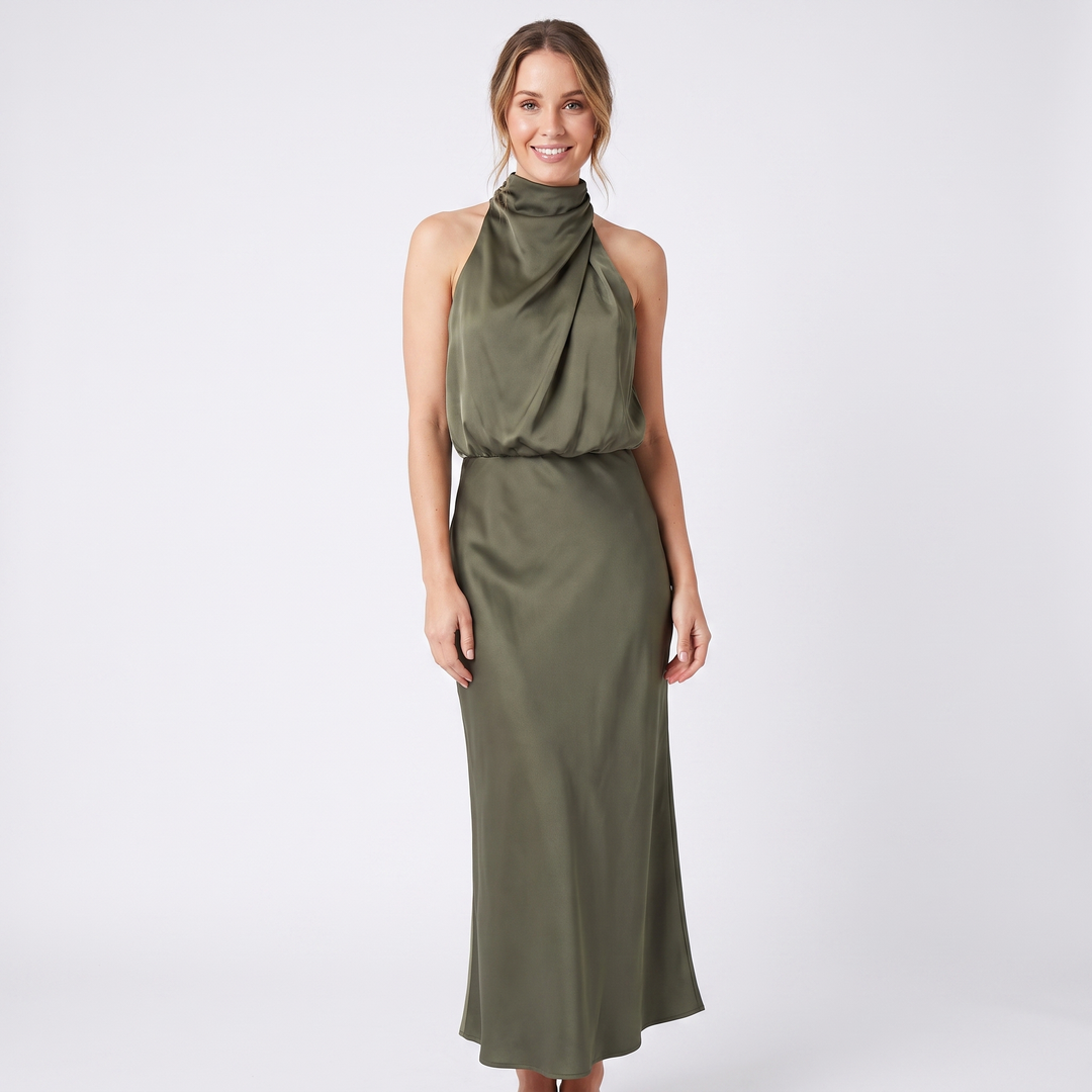 Women's Satin Slip Dress Halter Neck Draped Bodice Bias Cut Midi