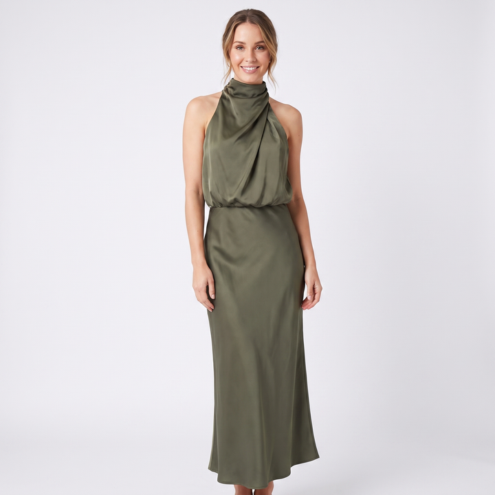 Women's Satin Slip Dress Halter Neck Draped Bodice Bias Cut Midi