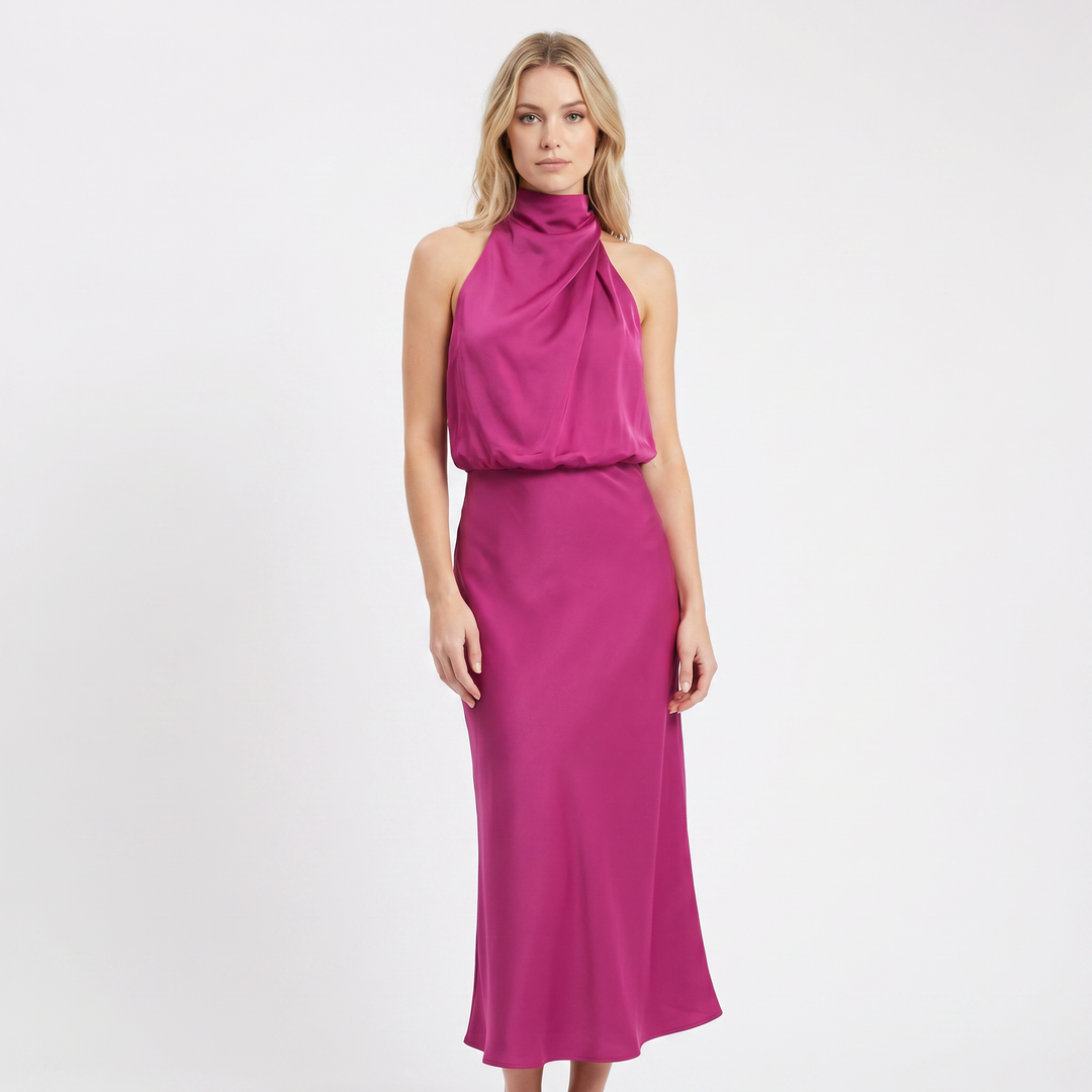 Women's Satin Slip Dress Halter Neck Draped Bodice Bias Cut Midi