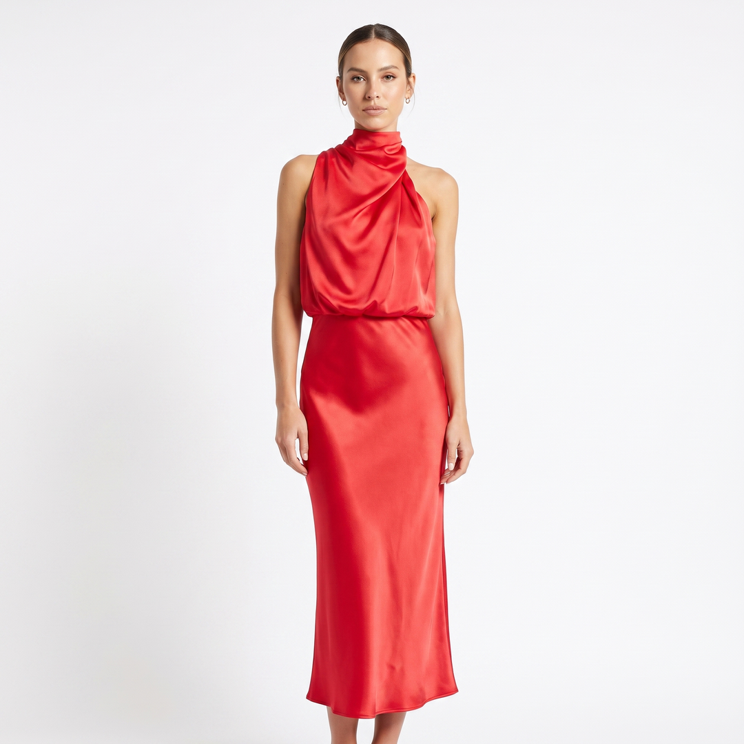 Women's Satin Slip Dress Halter Neck Draped Bodice Bias Cut Midi