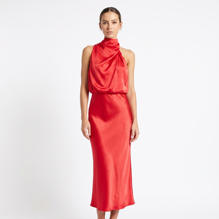 Women's Satin Slip Dress Halter Neck Draped Bodice Bias Cut Midi