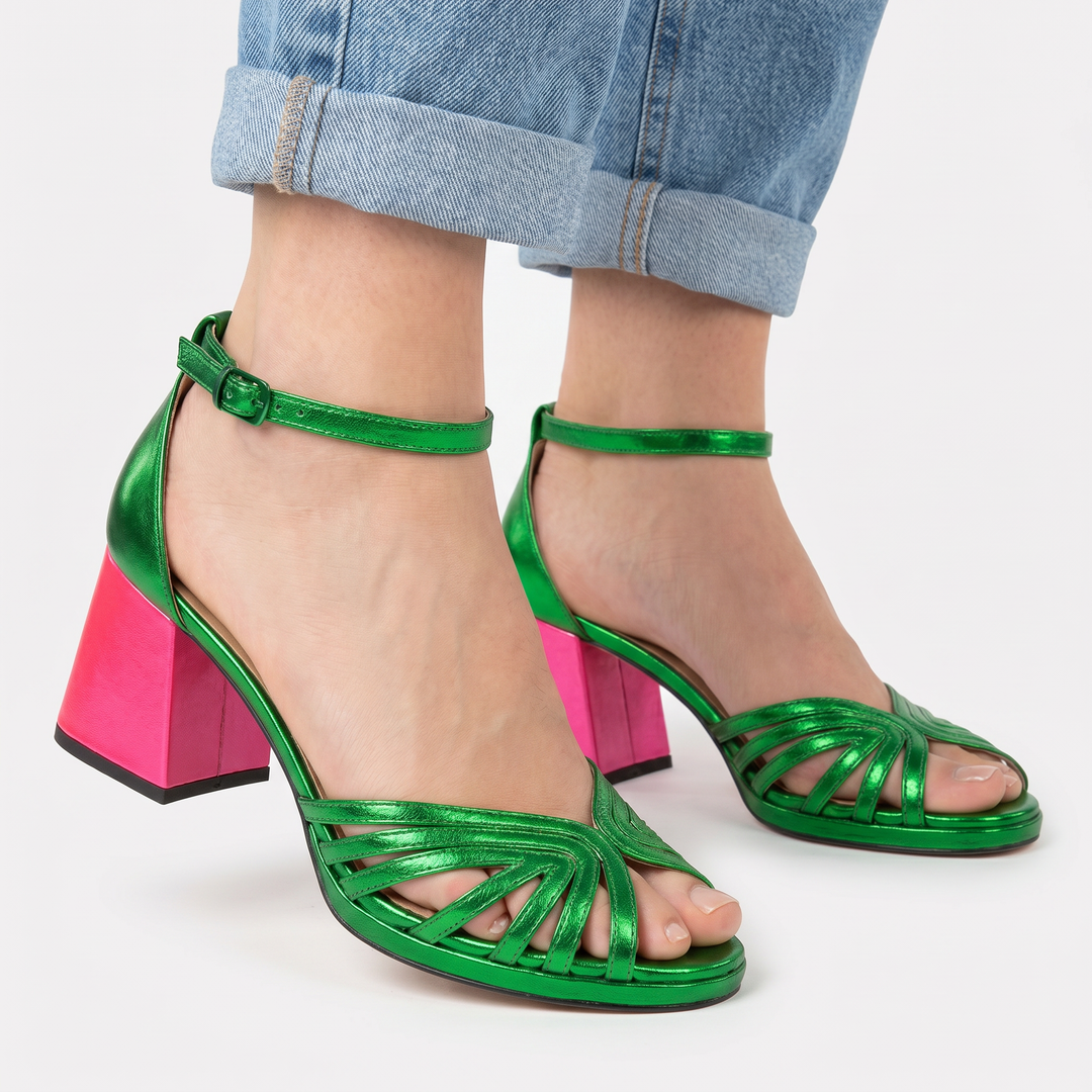 Women's Ankle Strap Block Heel Sandals Color Block Open Toe