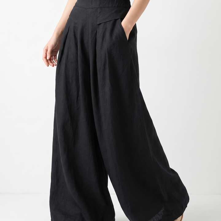 Women's Linen Wide Leg Pants High Waist Pleated Elastic Waist