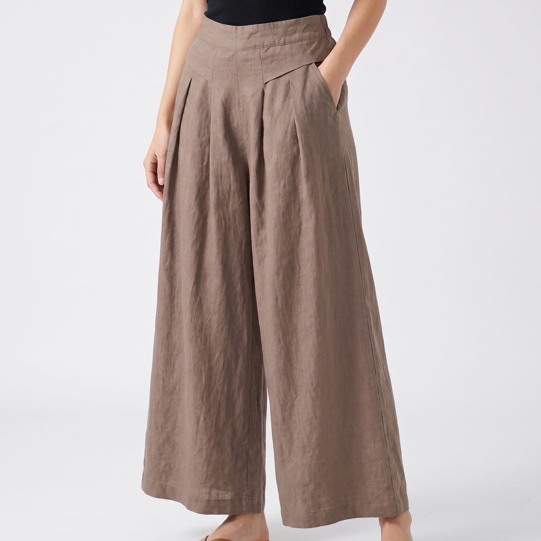 Women's Linen Wide Leg Pants High Waist Pleated Elastic Waist