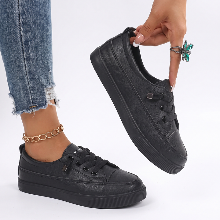 Women's Leather Lace-Up Sneakers Low Top Casual Flat Shoes
