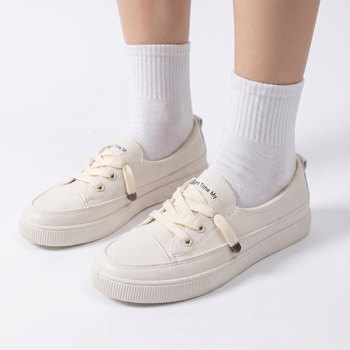 Women's Leather Lace-Up Sneakers Low Top Casual Flat Shoes