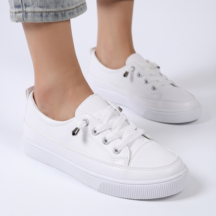 Women's Leather Lace-Up Sneakers Low Top Casual Flat Shoes