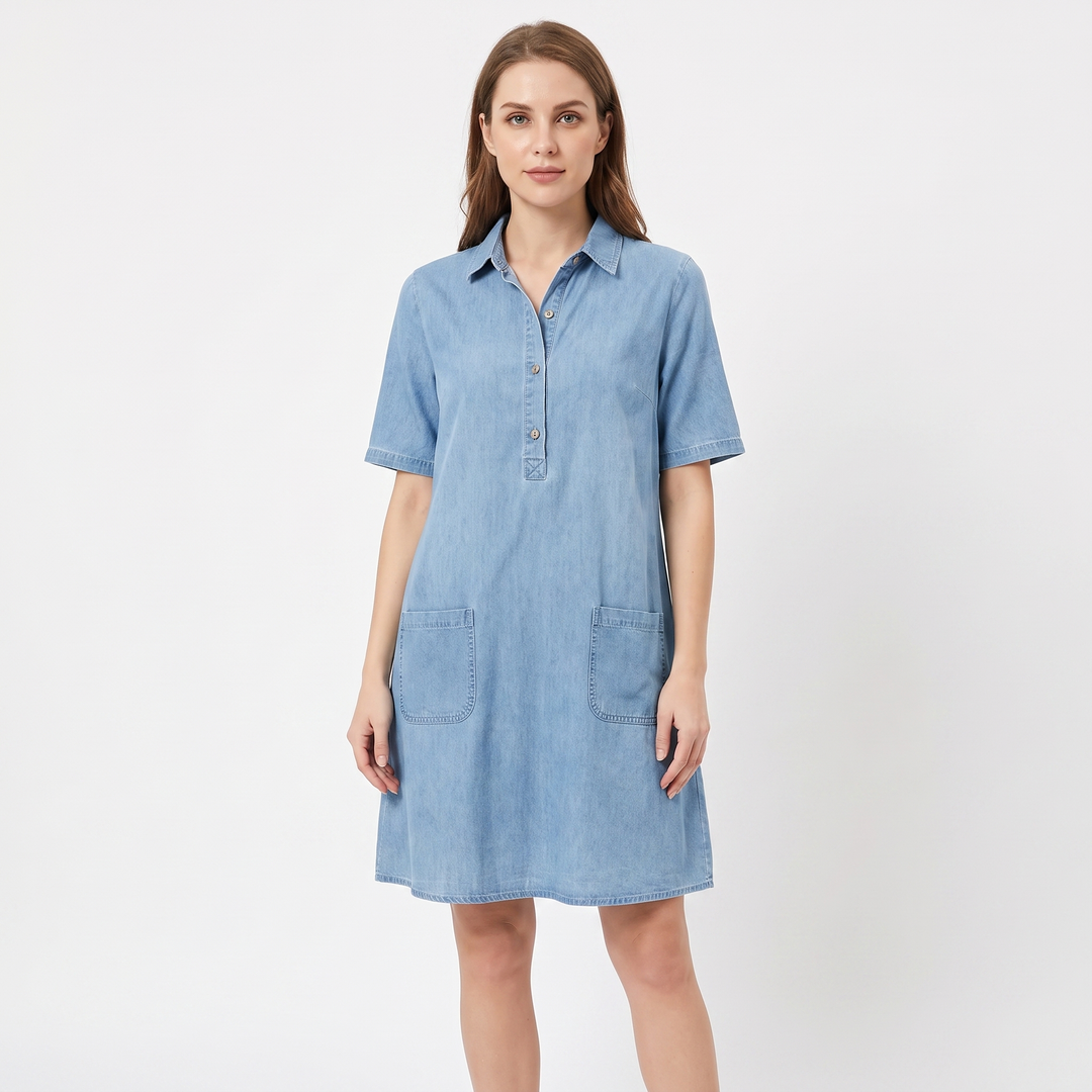 Women's Denim Shirt Dress Short Sleeve Collared Patch Pocket A Line