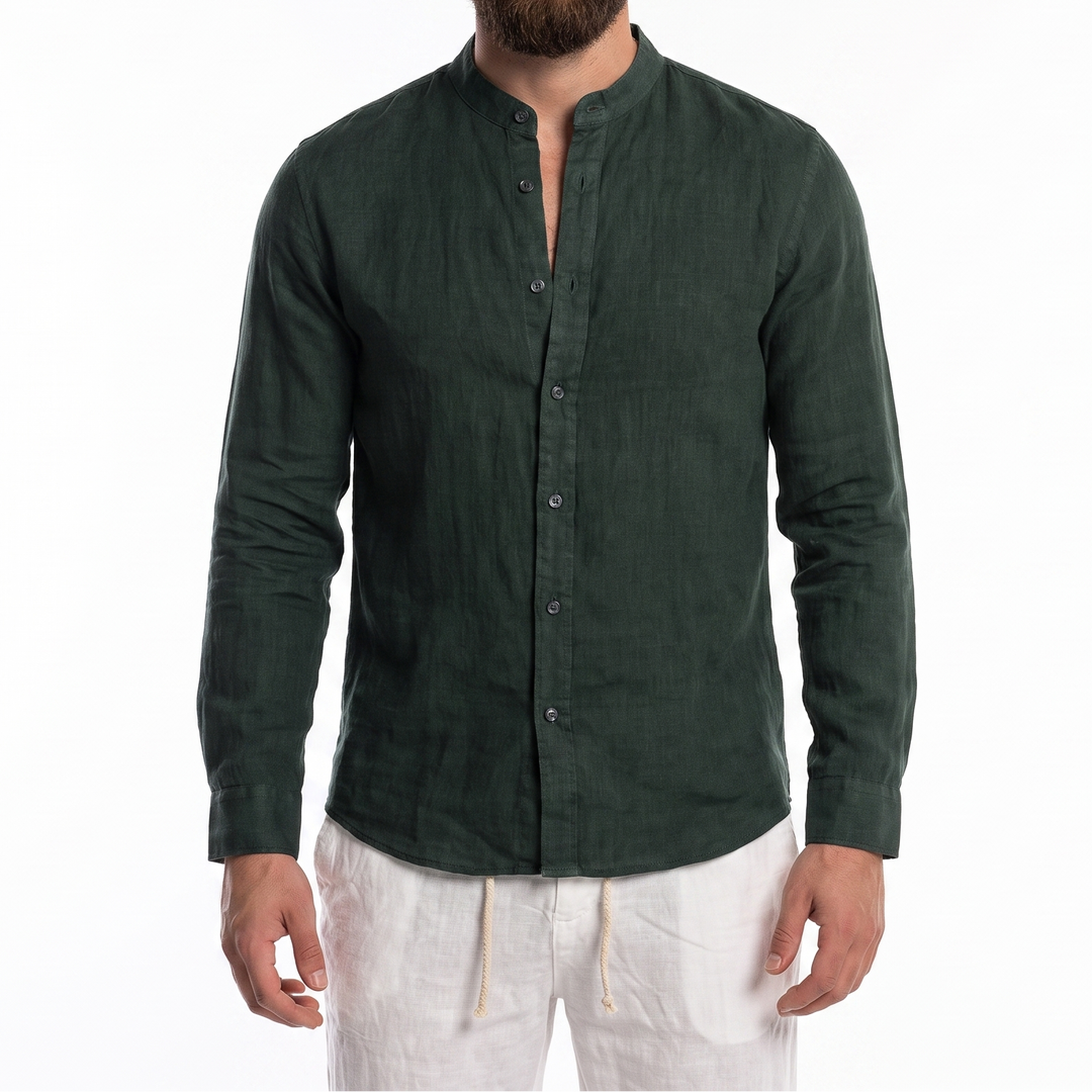 Men's Linen Button-Up Shirt Long Sleeve Band Collar Casual