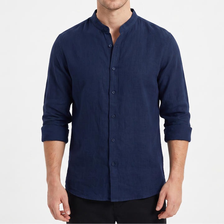 Men's Linen Button-Up Shirt Long Sleeve Band Collar Casual