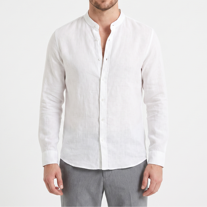 Men's Linen Button-Up Shirt Long Sleeve Band Collar Casual