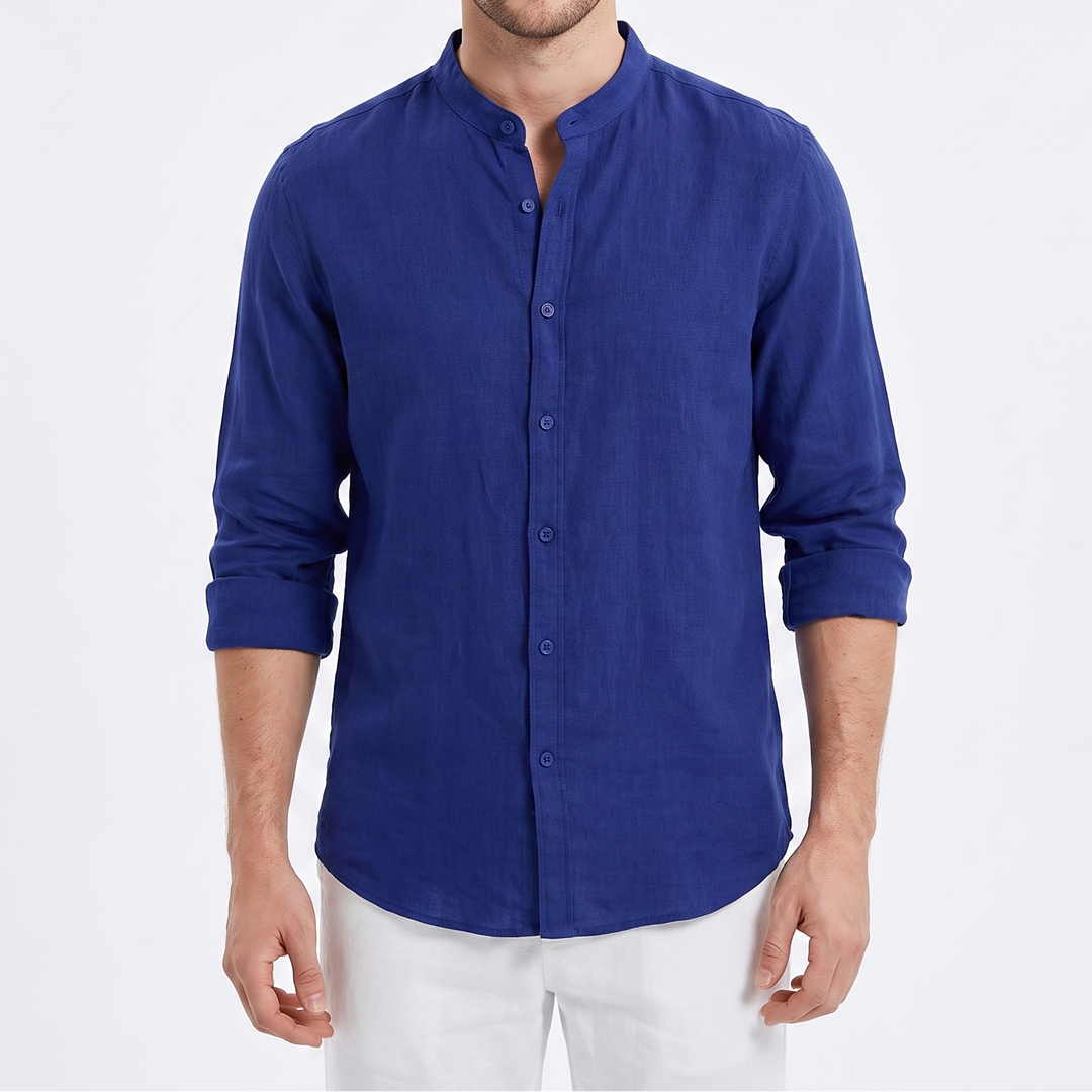 Men's Linen Button-Up Shirt Long Sleeve Band Collar Casual