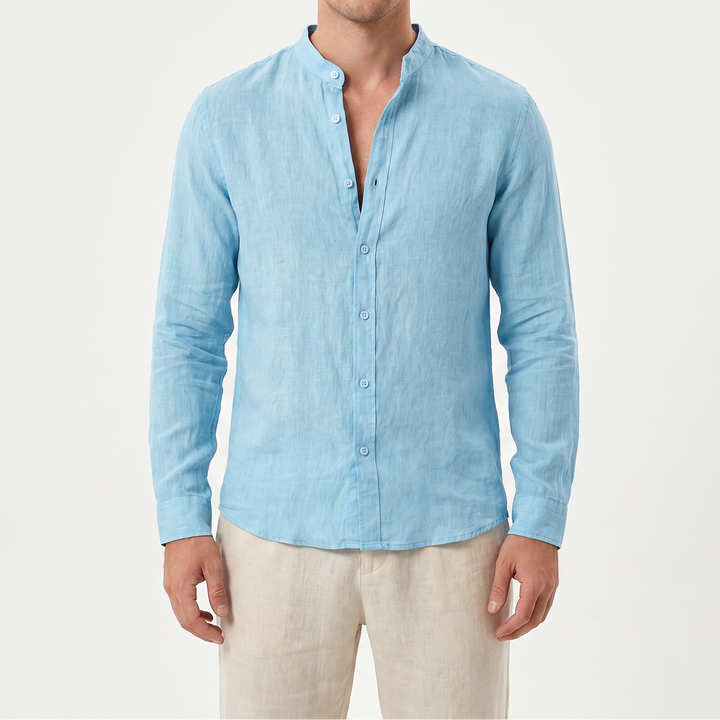 Men's Linen Button-Up Shirt Long Sleeve Band Collar Casual