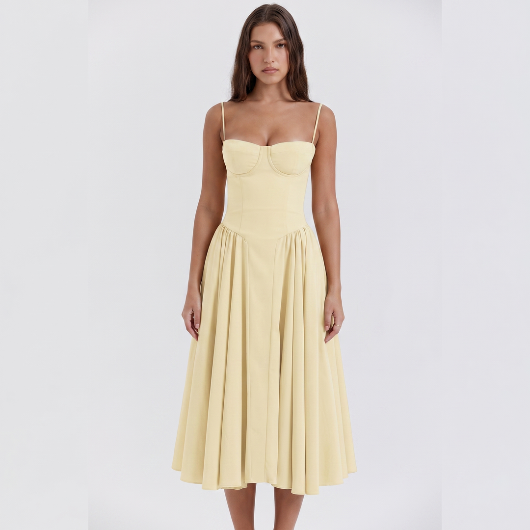 Women's Corset Midi Dress Bustier Bodice Fit and Flare Cocktail