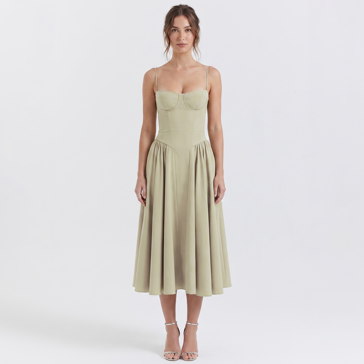Women's Corset Midi Dress Bustier Bodice Fit and Flare Cocktail