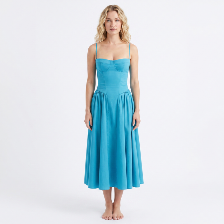 Women's Corset Midi Dress Bustier Bodice Fit and Flare Cocktail