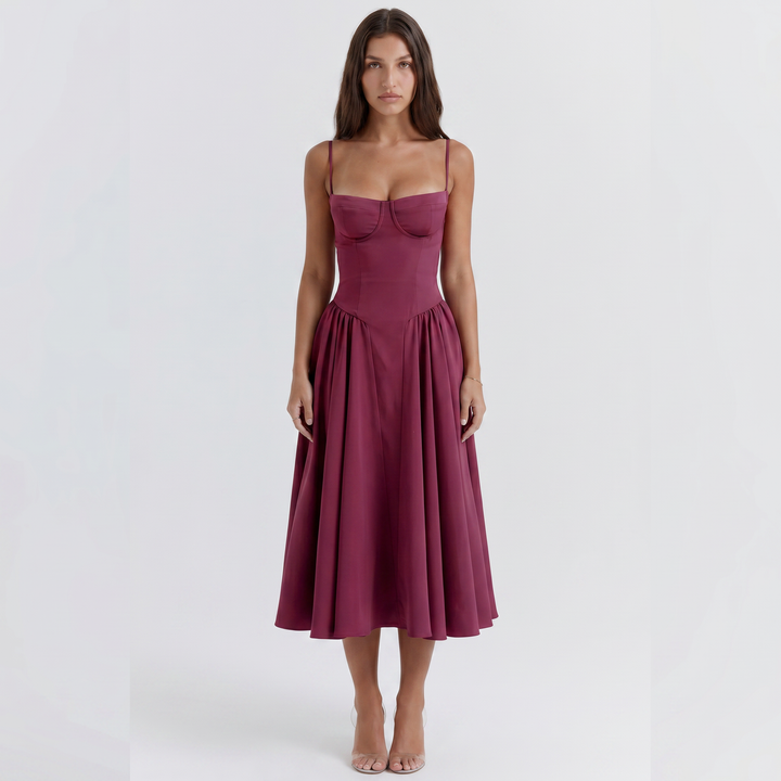 Women's Corset Midi Dress Bustier Bodice Fit and Flare Cocktail