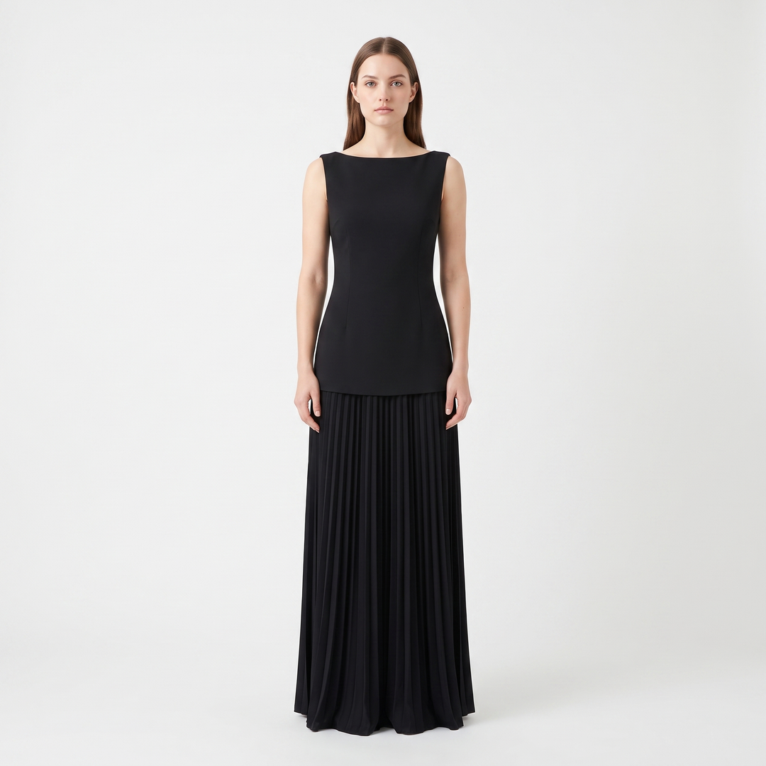 Women's Boat Neck Maxi Dress Pleated Skirt Sleeveless Formal Gown
