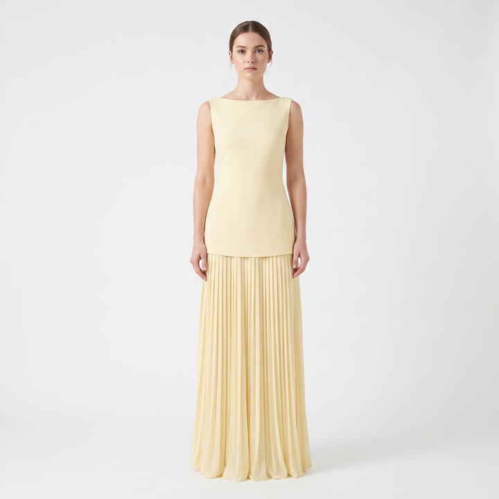 Women's Boat Neck Maxi Dress Pleated Skirt Sleeveless Formal Gown