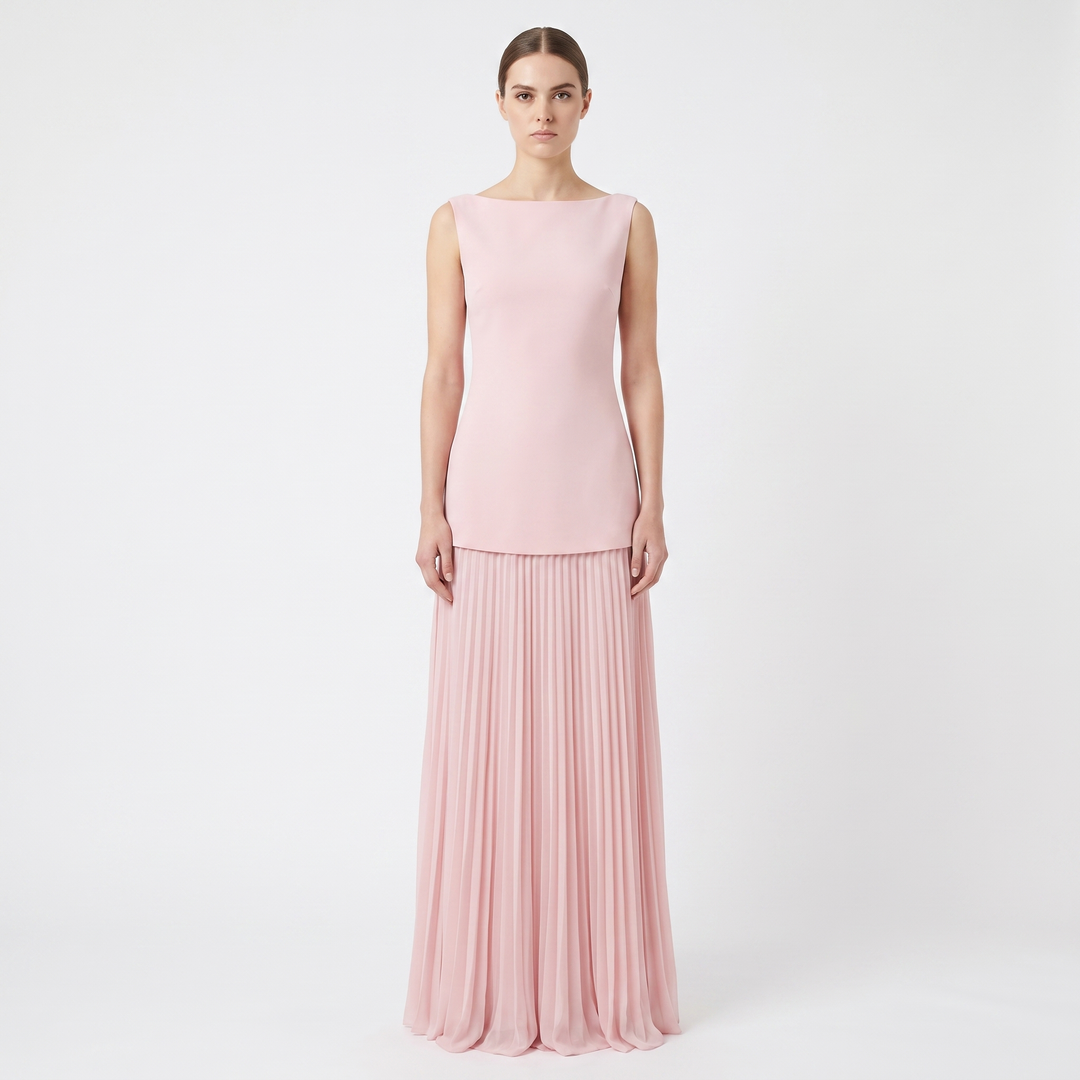 Women's Boat Neck Maxi Dress Pleated Skirt Sleeveless Formal Gown