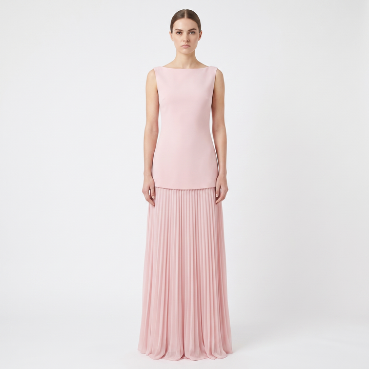 Women's Boat Neck Maxi Dress Pleated Skirt Sleeveless Formal Gown