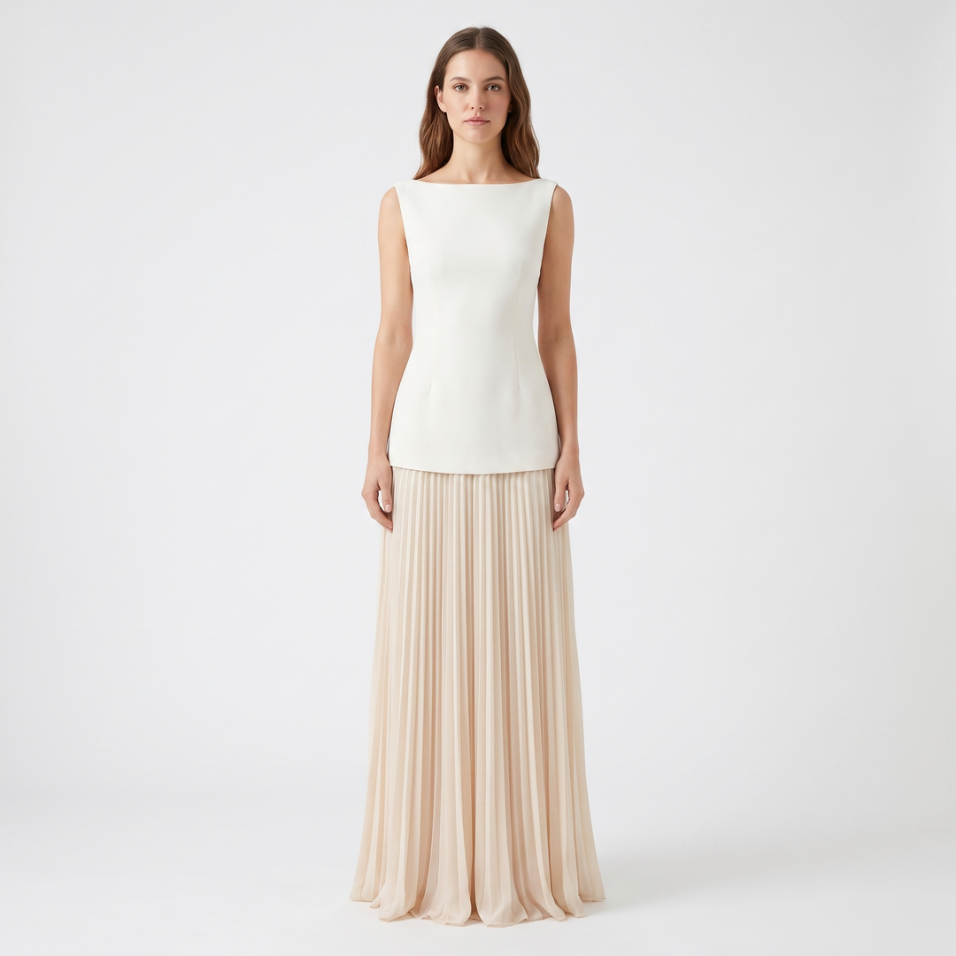 Women's Boat Neck Maxi Dress Pleated Skirt Sleeveless Formal Gown