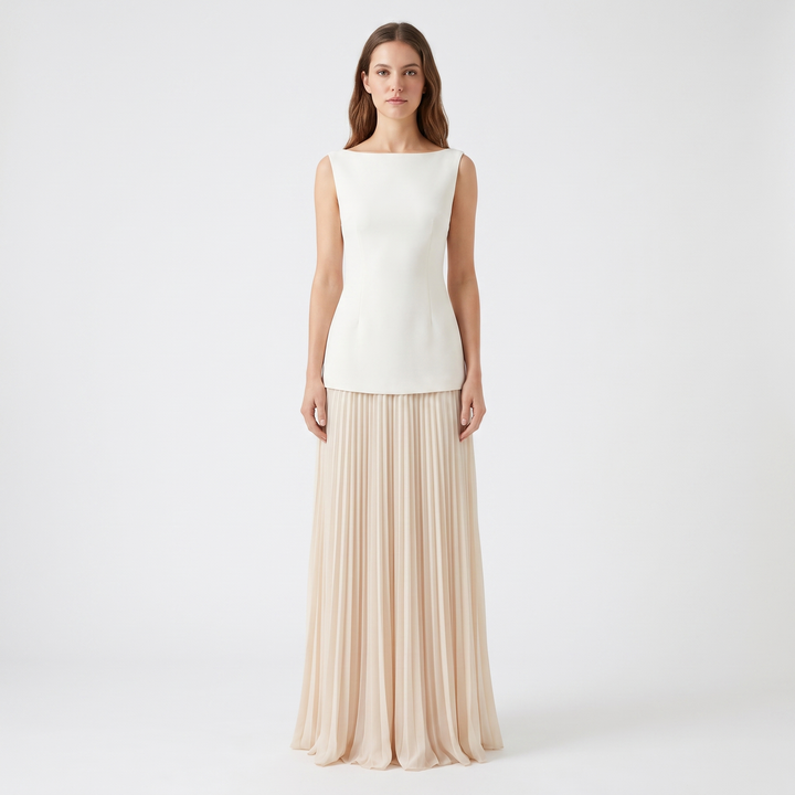 Women's Boat Neck Maxi Dress Pleated Skirt Sleeveless Formal Gown