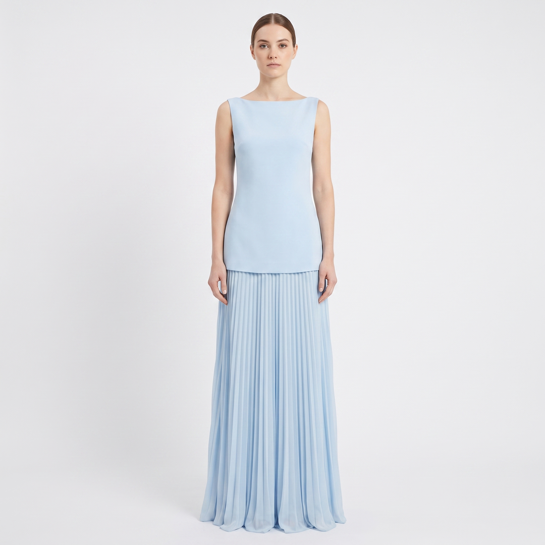 Women's Boat Neck Maxi Dress Pleated Skirt Sleeveless Formal Gown