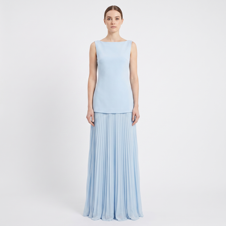 Women's Boat Neck Maxi Dress Pleated Skirt Sleeveless Formal Gown