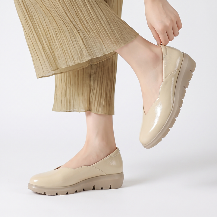 Women's Leather Wedge Loafers Slip-On Round Toe Comfort Flats