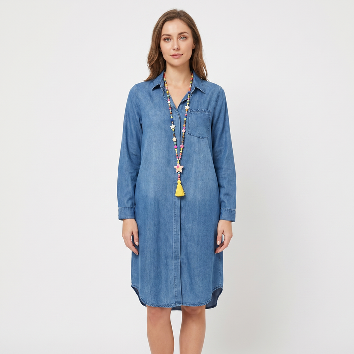 Women's Denim Shirt Dress Long Sleeve Button Front Collared Casual