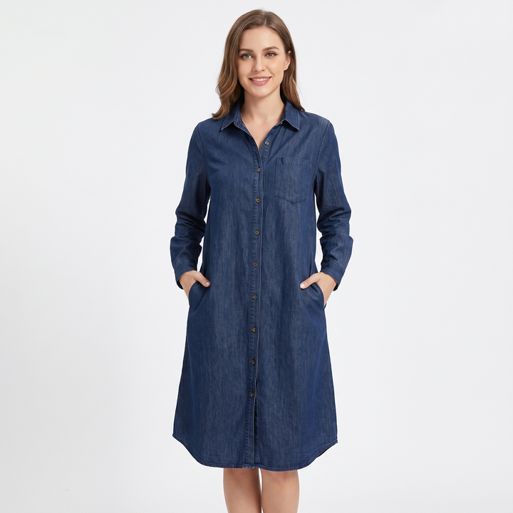 Women's Denim Shirt Dress Long Sleeve Button Front Collared Casual