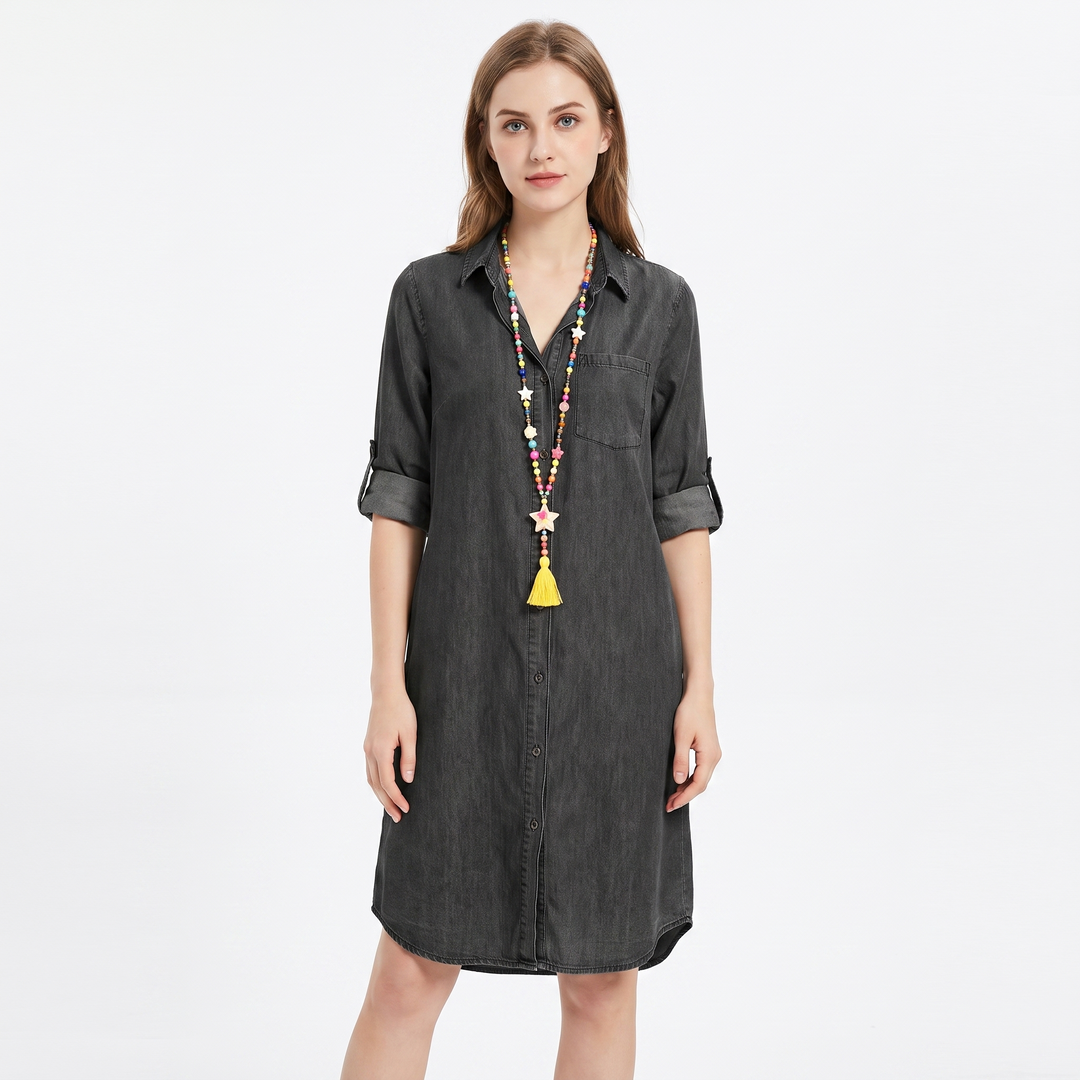 Women's Denim Shirt Dress Long Sleeve Button Front Collared Casual