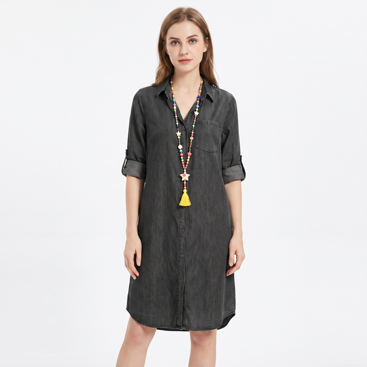Women's Denim Shirt Dress Long Sleeve Button Front Collared Casual