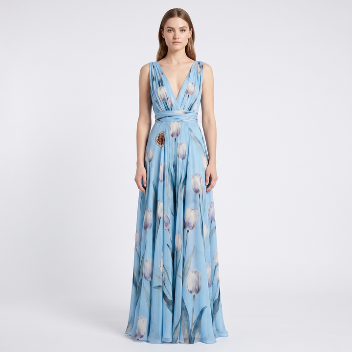 Women's Floral Maxi Dress Chiffon V Neck Sleeveless Formal Gown