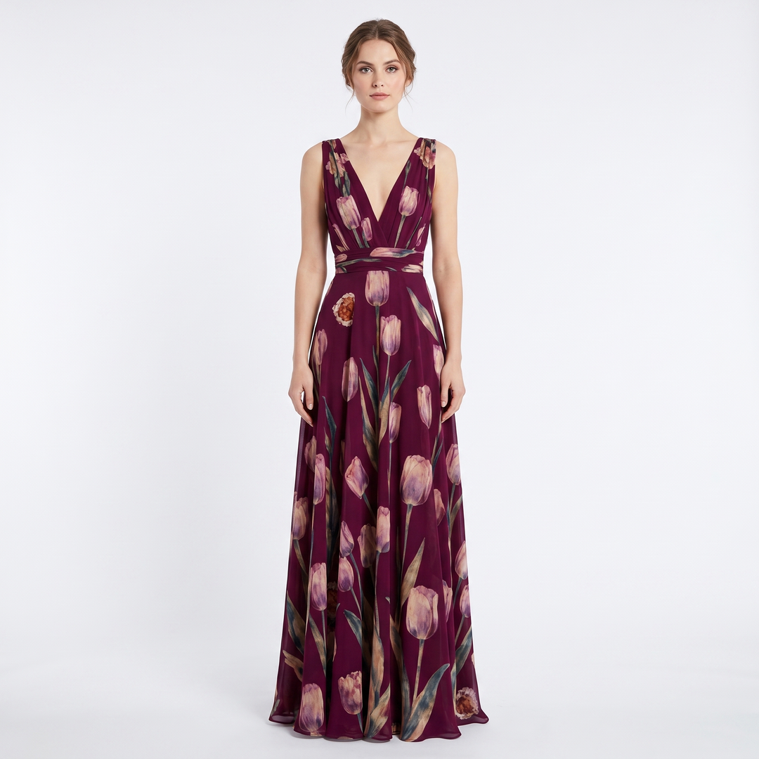 Women's Floral Maxi Dress Chiffon V Neck Sleeveless Formal Gown